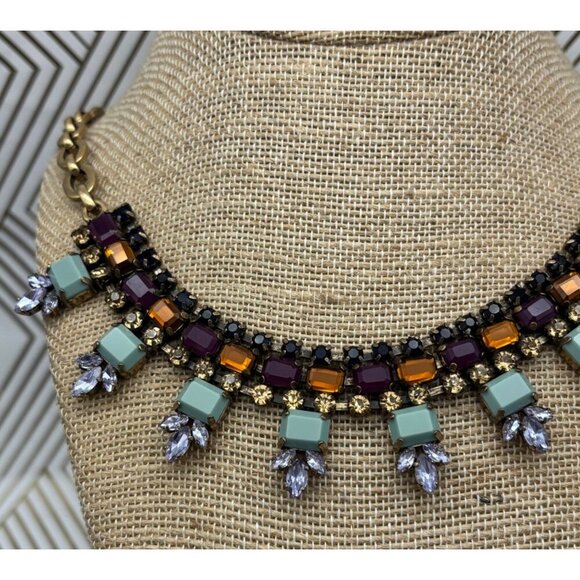 J.Crew Gold Tone, Blue, Purple & Amber Color Collar Crystal Statement Necklace - Picture 5 of 7